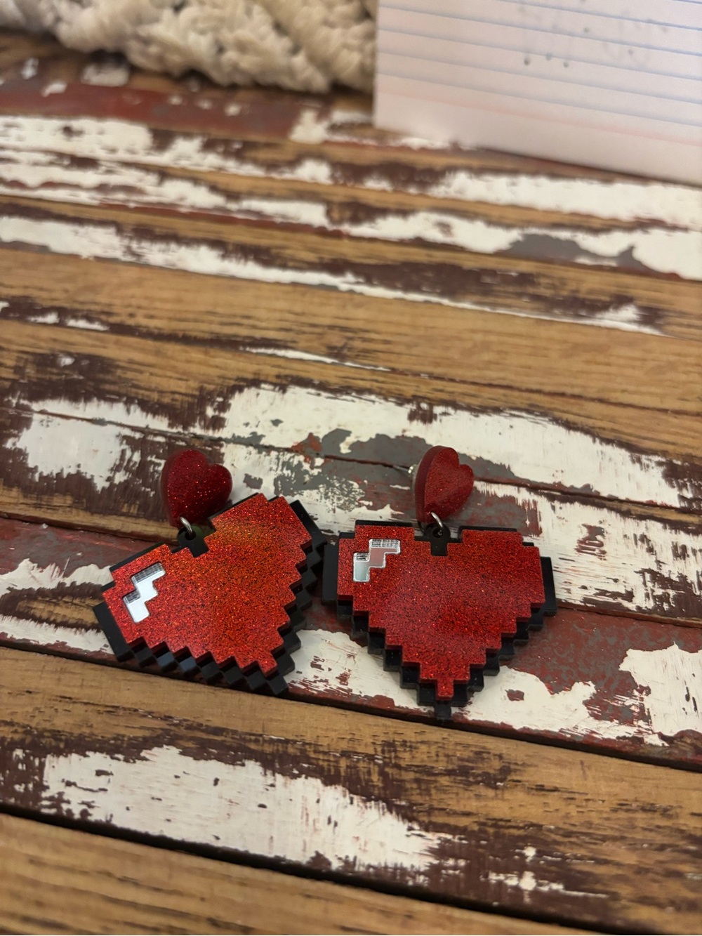 Red Pixel Heart Drop Earrings - Unbranded